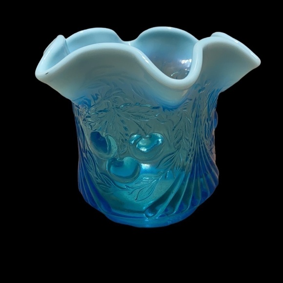Fenton Blue opalescent ruffled cherry pattern glass vase - Picture 1 of 8